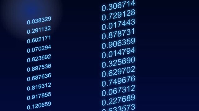 Scrolling financial numbers and decimal data streams glowing brightly across dark blue background motion video clip