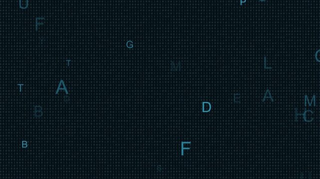 Binary code background with glowing blue letters and numbers flowing seamlessly in digital motion video clip