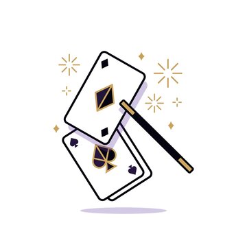 Magic trick illustration with playing cards and magic wand vector design