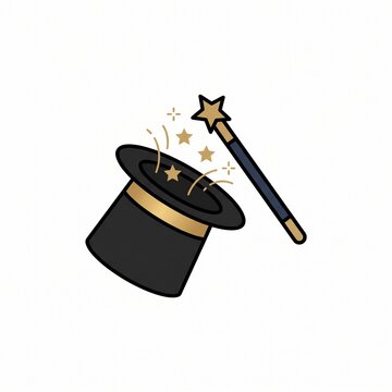 Magic hat and magic wand with glowing stars vector icon on white background