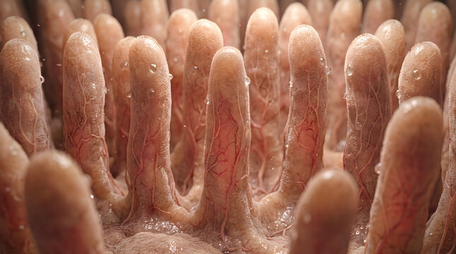 microscopic illustration of intestinal villi showing capillary blood vessels and mucosal surface. Scientific rendering of small intestine anatomy, histology, and gastroenterology layout