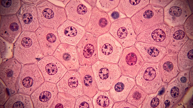 Microscopic histology section of epithelial tissue cells displaying prominent central nuclei and defined cell borders. Light micrograph of cell biology, histology, and cytology slide layouts