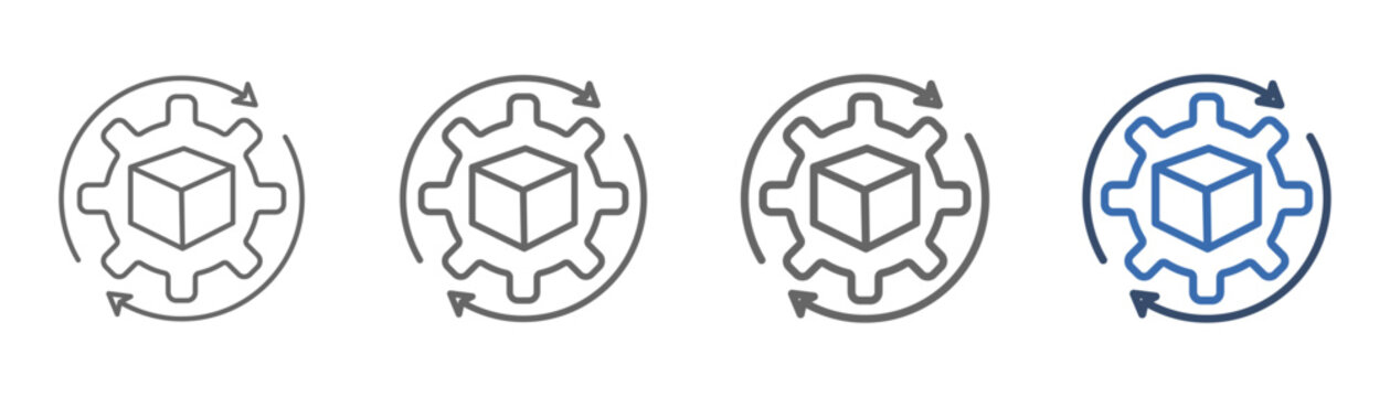 Outline icon set for product development featuring gear, box, and upper/lower semi-circle elements.