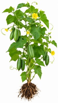 Fresh organic parwal pointed gourd plant with roots, yellow flowers and green fruits isolated on white background