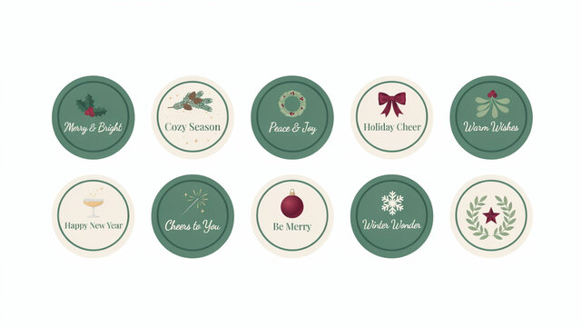 Christmas Holiday Greeting Badges with Botanical Illustrations and Winter Typography for Gift Wrapping, Product Labels, Stickers and Seasonal Packaging
