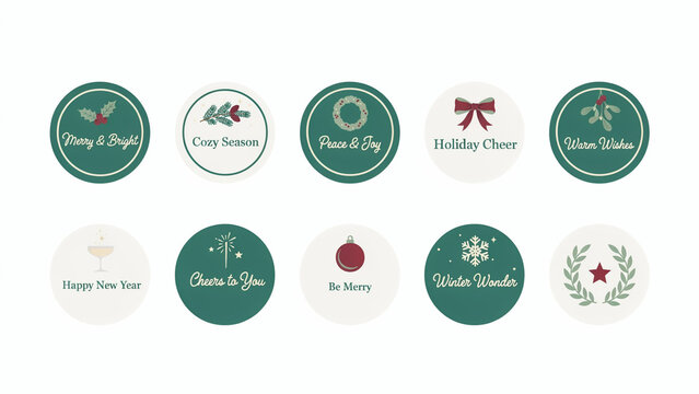 Merry Christmas and Happy New Year Greeting Labels and Round Badges Set with Elegant Holiday Typography for Gift Tags, Stickers and Packaging