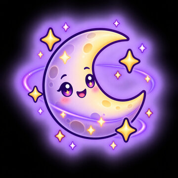 Cute glowing crescent moon with a smiling face and stars for Halloween