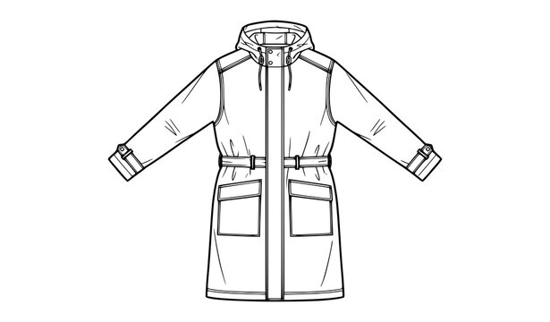 Belted hooded parka coat front view vector illustration with drawstring waist, large flap pockets and sleeve tabs in clean black line art