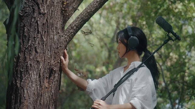 Young Asian Woman Touching Tree Bark and Recording Nature Sounds with Boom Microphone in Forest