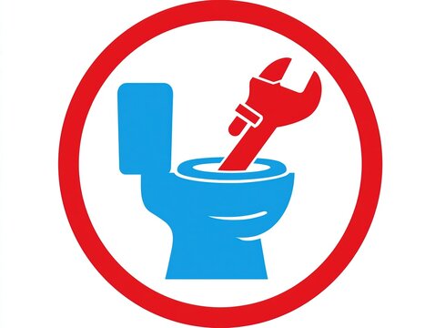 Plumber fixing blue toilet with wrench icon
