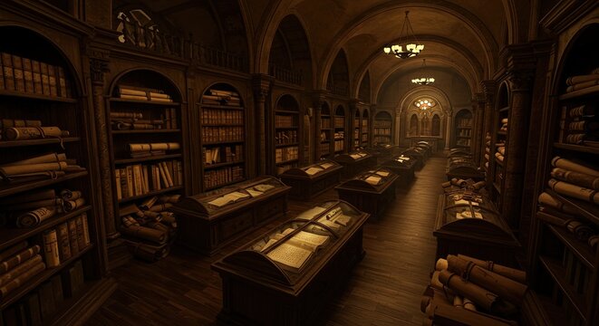 Ancient Scribe Library with Vaulted Ceilings, Parchment Scrolls, and Manuscripts in a Dark Scriptorium