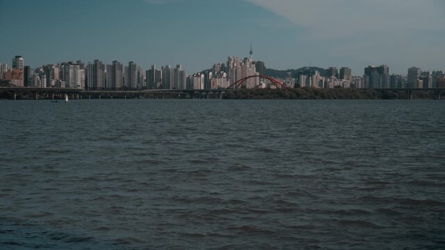Scenic Wide Angle View of Han River and Seoul City Skyline with N Seoul Tower under Clear Sky