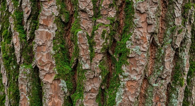 Close up of rough tree bark texture with green moss and lichen in a forest environment