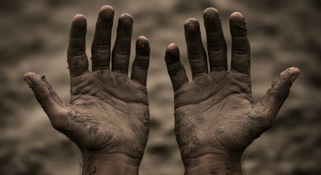 Close-up of two dirty human hands and palms covered in mud and soil against a dark earthy background