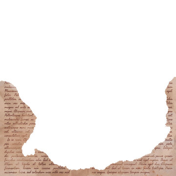 A vintage style piece of aged parchment paper with torn edges and handwritten calligraphy text featuring a large empty black space for custom design copy