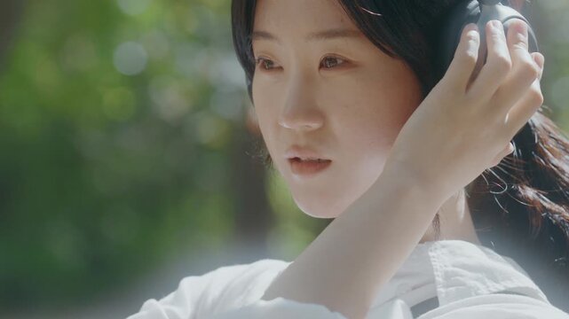 Young Asian Woman Wearing Headphones Listening to Nature Sounds in Park