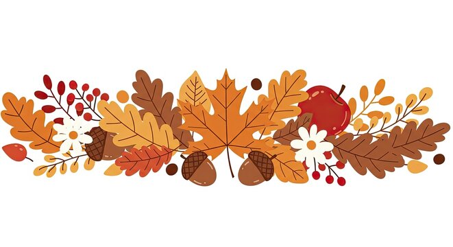 Horizontal border of colorful autumn leaves, acorns, red berries and apple isolated on white background