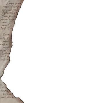 A high quality texture of an aged antique parchment paper with torn edges and handwritten calligraphy script isolated on a clean white background for design