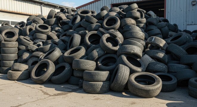 Massive Heap of Old Used Car Tires Stacked Outdoors for Recycling at an Industrial Facility