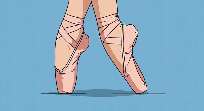Minimalist Vector Illustration of Ballerina Feet in Pink Pointe Shoes Standing En Pointe