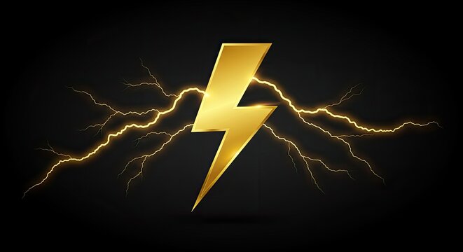 Powerful golden lightning bolt icon with electric sparks and energy discharge on black background