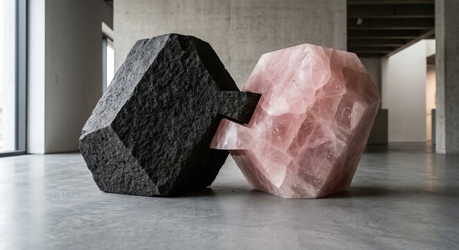 Modern sculpture installation featuring interlocking black and pink crystal stones inside a minimalist concrete hall