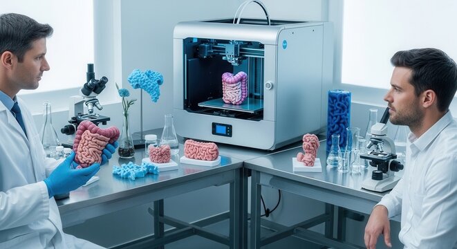 Scientists in modern laboratory using 3D printer to create biological organs, representing medical innovation and research