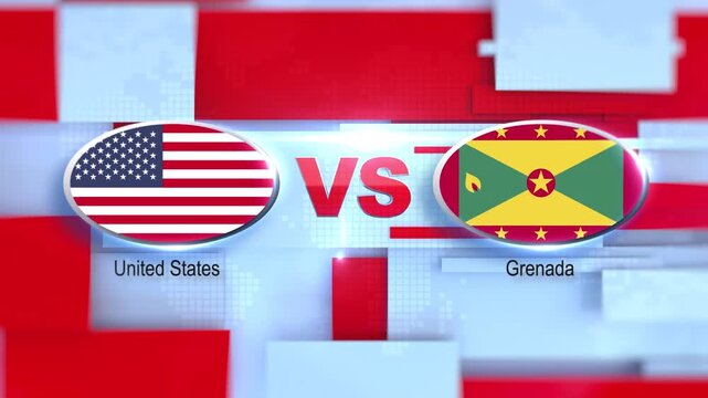 USA VS Grenada flag animation geopolitical conflict, global politics and international crisis news concept, political analysis and broadcast news background