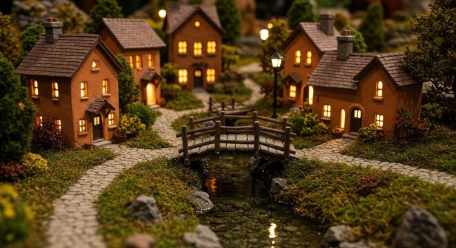 Whimsical miniature village with terracotta cottages, warm glowing windows and stone bridge over creek