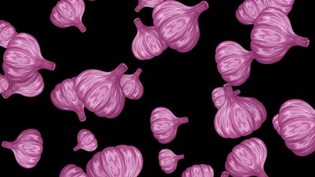 Animated Purple Garlic Bulbs Falling Against a Solid Black Background