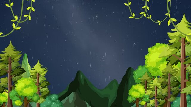 Animated Cartoon Rainy Night Sky Over Forest Landscape Loop