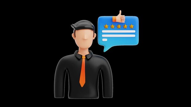 3D animation of a customer testimonial speech bubble with rating stars and alpha channel, ideal for client feedback, social proof, and review showcases