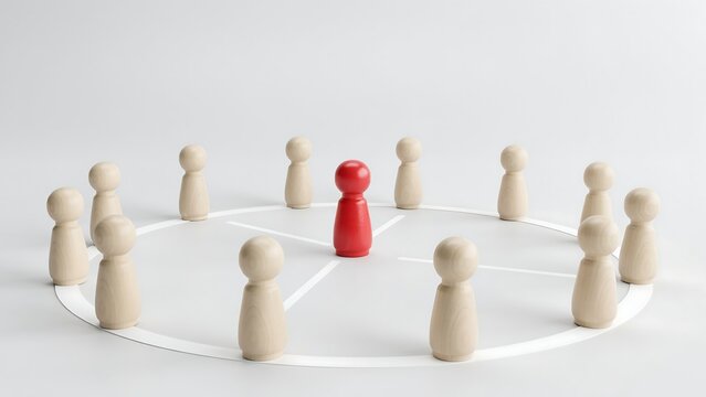 A wooden figurine standing in the center of a circle surrounded by plain pegs representing leadership influence and networking connections