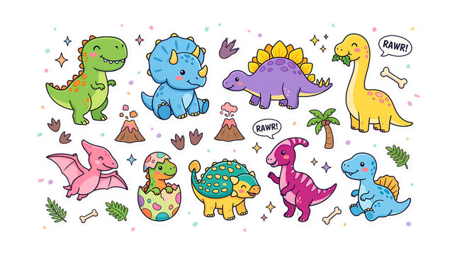 Dinosaur illustrations displayed as a vibrant assortment of cute prehistoric creatures including a smiling green tyrannosaurus and blue triceratops accompanied by rawr text bubbles and baby.