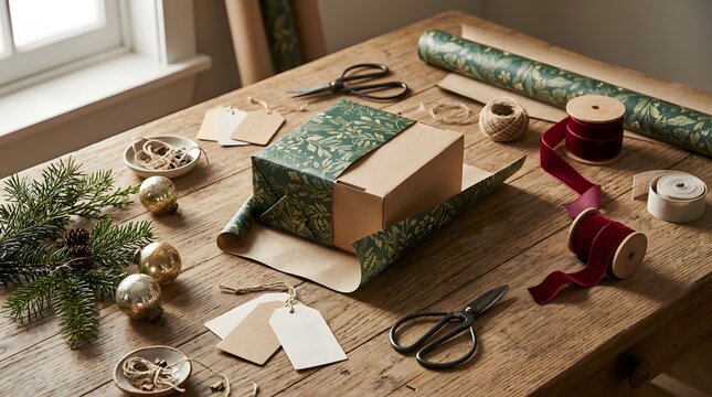 High angle view of a rustic wooden table set up for wrapping christmas presents with festive decorations
