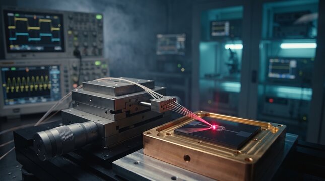 A cinematic macro-angle shot of a micro-manipulator stage aligning a microscopic optical fiber ribbon to an exposed silicon photonics transceiver chip