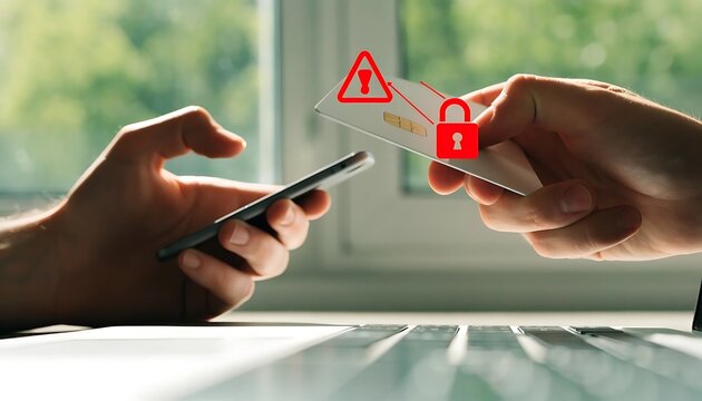 Hands holding a credit card with security alert icons overlaid representing financial risk and data protection creditcard financialsecurity dataprotection