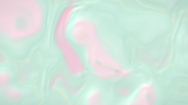 Abstract flowing liquid motion of pastel pink and mint green with subtle gold lines creating a mesmerizing organic pattern