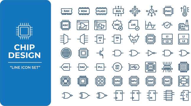 Chip design line icons set containing electronic components microchips semiconductors hardware architecture vector