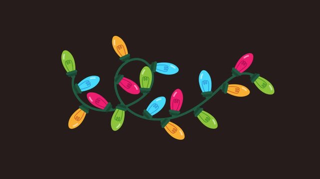 Vibrant string of glowing multi colored Christmas holiday lights on a dark background