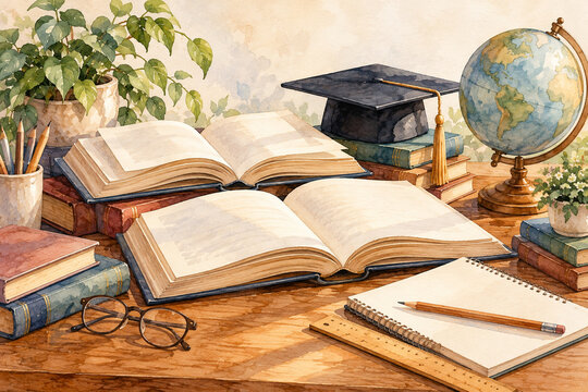 Academic Study Desk with Books and Graduation Cap