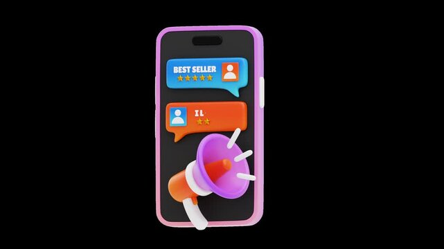 3D animation of a testimonial marketing icon with speech bubbles, rating stars, and marketing charts on alpha channel, ideal for social proof campaigns, customer reviews, and brand trust strategy