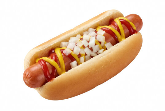 Classic American hot dog with mustard ketchup and diced onions