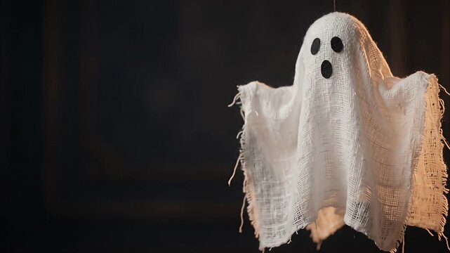 Ghost costume hanging decoration floating in dark room for celebration halloween event
