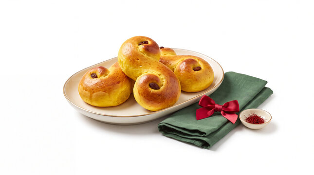 Golden saffron buns with raisins isolated on white background.