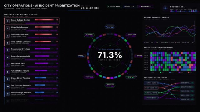 4K dark mode AI city operations dashboard with risk scoring engine, incident queue, and predictive analytics in electric blue and violet for commercial creative technology and business use.
