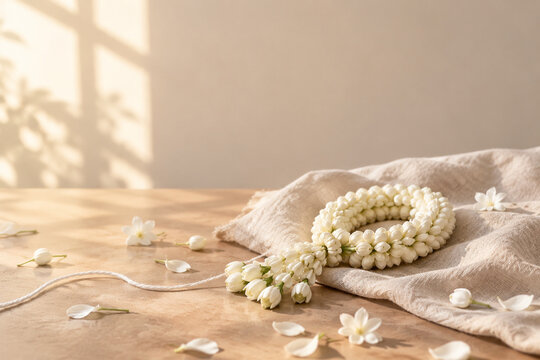 Sampaguita garland on unbleached linen with scattered petals and thread, handmade natural beauty concept