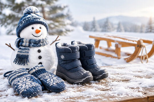 Children's winter boots, mittens and snowman with wooden sled, winter school break and snow play concept
