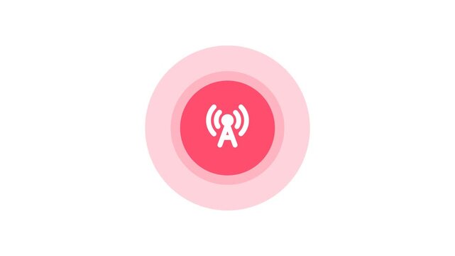 Red ripple broadcast button with white antenna icon pulsating on a white background graphic