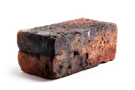 Single weathered red clay brick with rough, porous surface rustic texture on white background. This durable construction material is commonly used for masonry building walls traditional architecture.